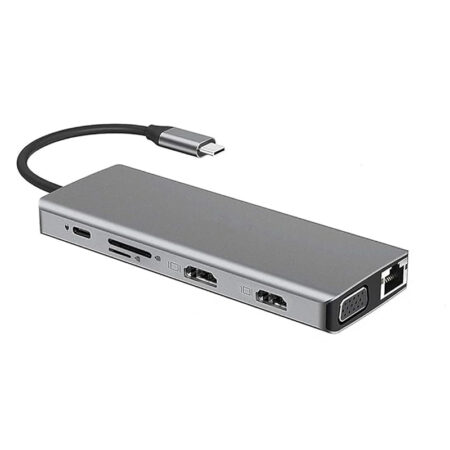 PanCore 12 in 1 USB-C Adapter connected to a laptop with dual monitors and peripherals in a European workspace
