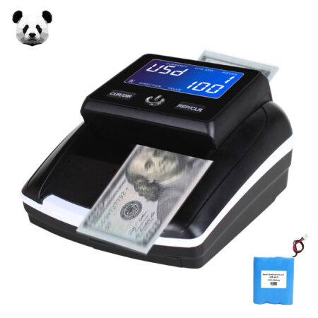 PANDA 130B portable money detector verifying Euro banknotes on a retail counter in Cyprus