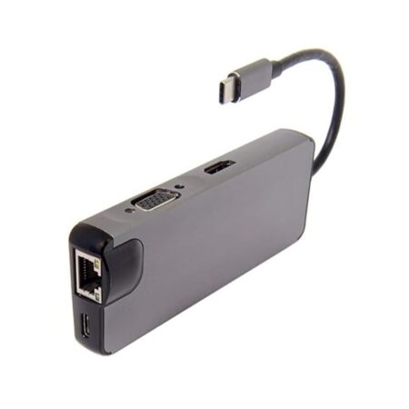 PanCore 8-Port USB-C Adapter connected to a laptop with dual monitors and peripherals in a European office