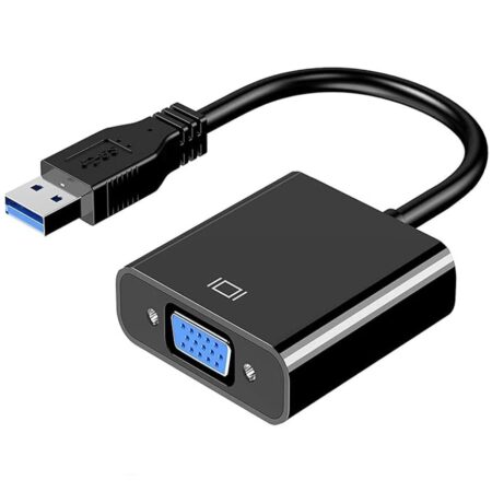 USB to VGA adapter connecting a laptop to a projector in a European office