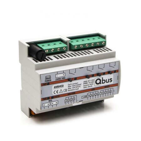 Qbus ANR04SA DIN-rail module installed in a smart home automation panel in Europe