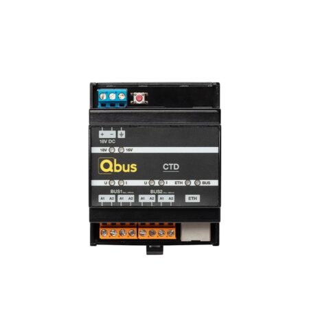Qbus CTD10 smart home controller installed in a European automation cabinet with Ethernet and SD card access
