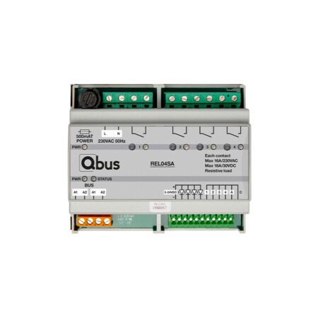 Qbus REL04SA DIN-rail relay module installed in a smart home automation panel in Europe