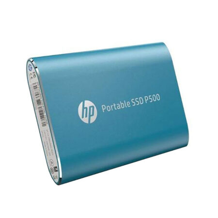 HP P500 Portable SSD in silver, black, blue, and red beside a laptop in Cyprus