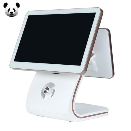 PANDA L Shape POS system with white and rose gold finish, dual screens on a retail counter in Cyprus