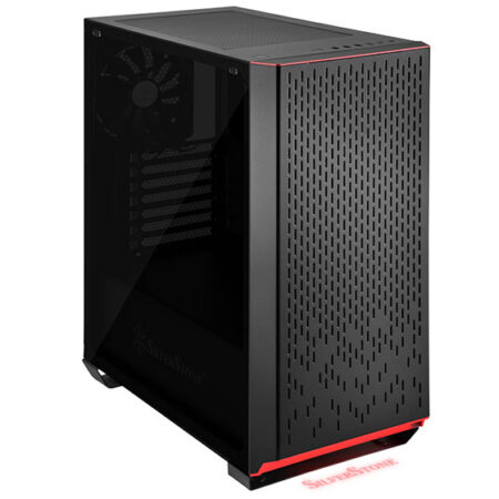 SilverStone Primera PM02 mid-tower case with tempered glass and RGB lighting in a European gaming setup