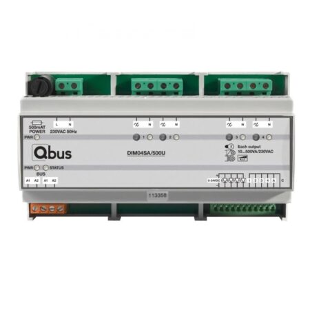 Qbus DIM04SA/500U smart home dimmer module installed in a European home automation panel
