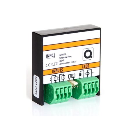 Qbus INP02 input module connected to motion and smoke detectors in a European smart home panel