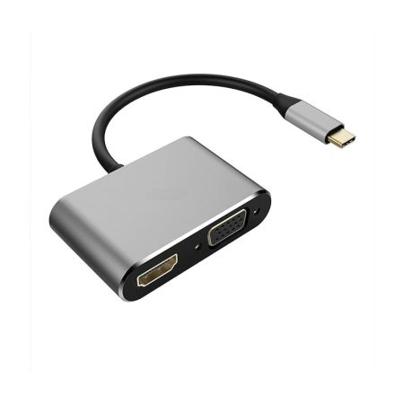 PANCORE USB-C 4-port adapter with HDMI, VGA, USB 3.0, and PD charging connected to a laptop in Cyprus