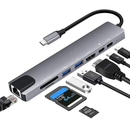 PANCORE USB-C 8-port adapter with HDMI, LAN, USB, and SD/TF card reader connected to a laptop in Cyprus
