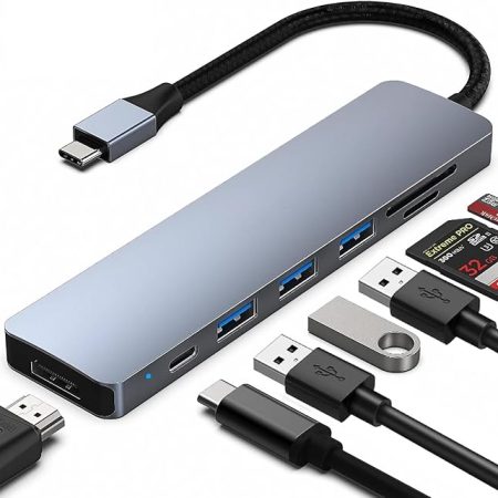 PANCORE 7-in-1 USB-C adapter with HDMI, USB, and SD/TF card reader connected to a laptop in Cyprus