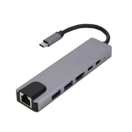 PANCORE USB-C 6-port adapter with HDTV, LAN, USB 3.0, and PD charging connected to a laptop in Cyprus