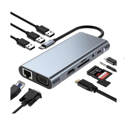 PANCORE 10-in-1 USB-C adapter with HDMI, VGA, LAN, and card reader connected to a laptop in a European workspace